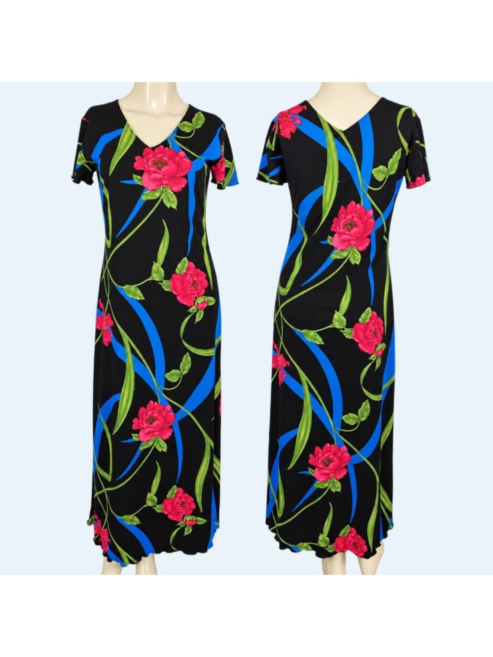 PASSPORTS Vintage V neck Floral Bright Colorful Cap sleeve Black Red Mini dress